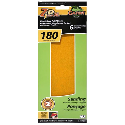Gator ZipXL Hook and Loop Sanding Paper Sheet - 3 7/8-in W x 9 7/8-in L - 180 Grit - Aluminum Oxide - 6 Per Pack 3 Gator ZipXL Hook and Loop Sanding Paper Sheet - 3 7/8-in W x 9 7/8-in L - 180 Grit - Aluminum Oxide - 6 Per Pack
