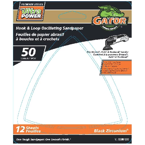 Gator Ultrapower Hook and Loop Oscillating Sandpaper - 50 Grit - Black Zirconium Abrasive - 12 Per Pack 3 Gator Ultrapower Hook and Loop Oscillating Sandpaper - 50 Grit - Black Zirconium Abrasive - 12 Per Pack